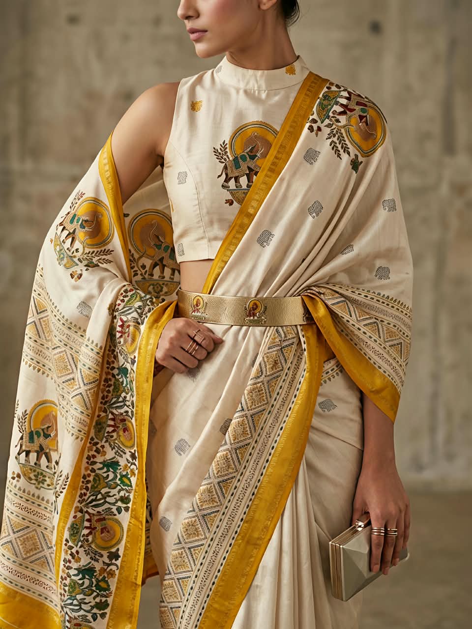Premium Marsh Mellow Saree with Gajraj Print & Double Temple Pattu Border
