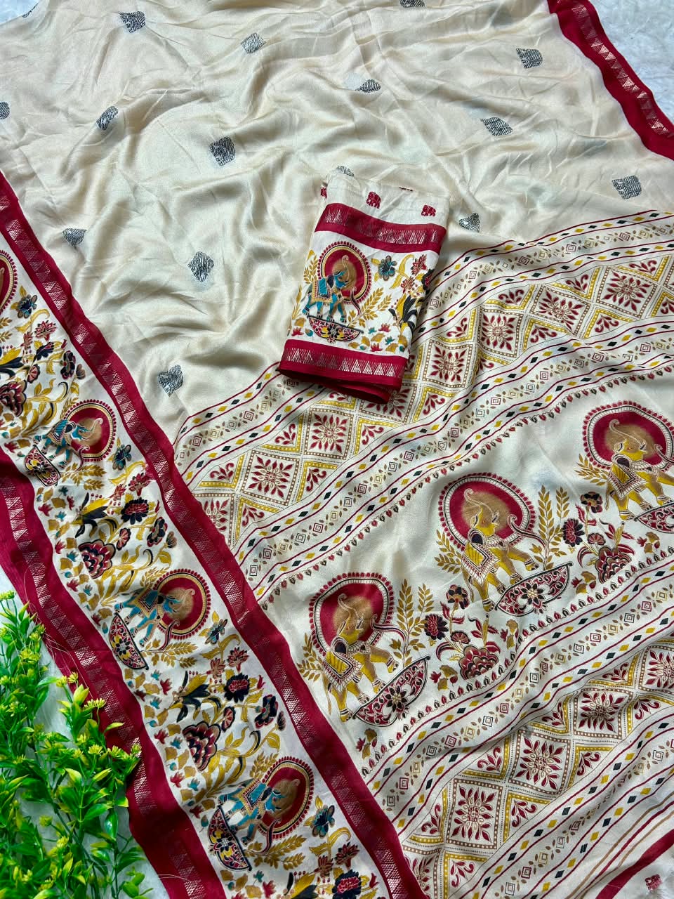 Premium Marsh Mellow Saree with Gajraj Print & Double Temple Pattu Border
