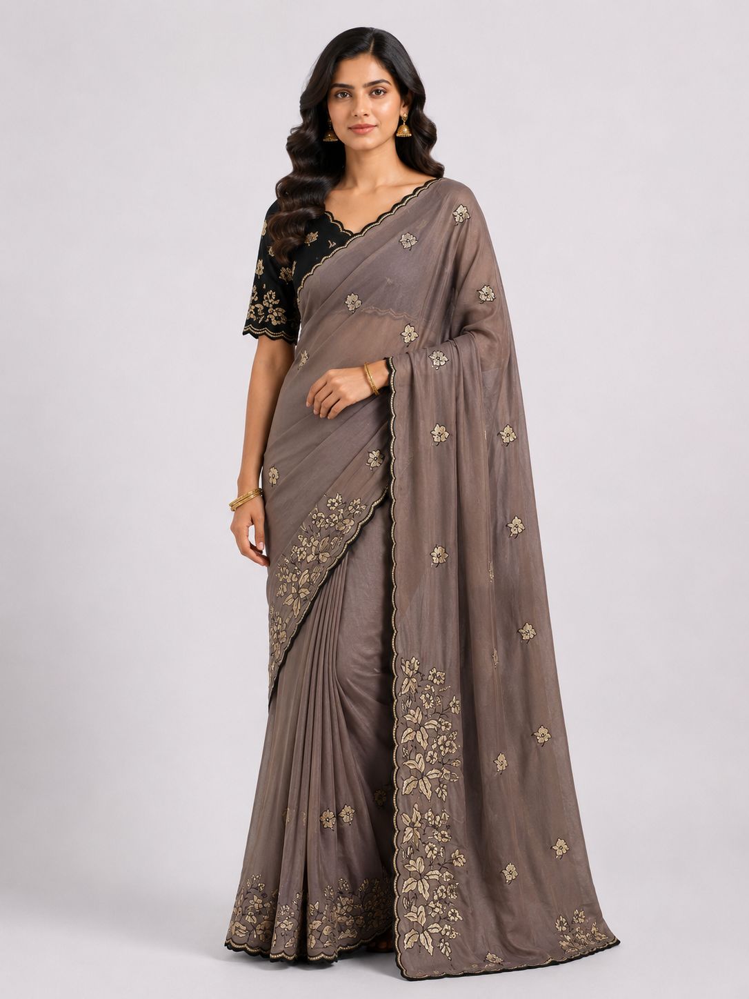 Women's Premium Star Galaxy Embroidered Saree with Designer Black Blouse