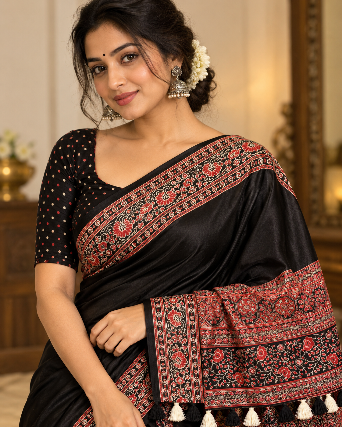Premium Ajrakh Designer Crepe Silk Saree with Floral Border & Tassel Detailing