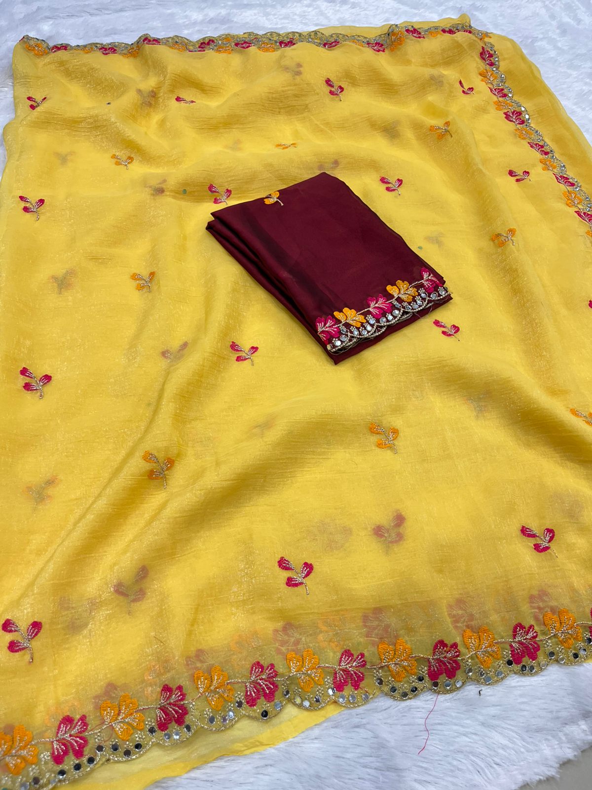 Premium Crunchy Chiffon Embroidered Mirror Work Party Wear Saree
