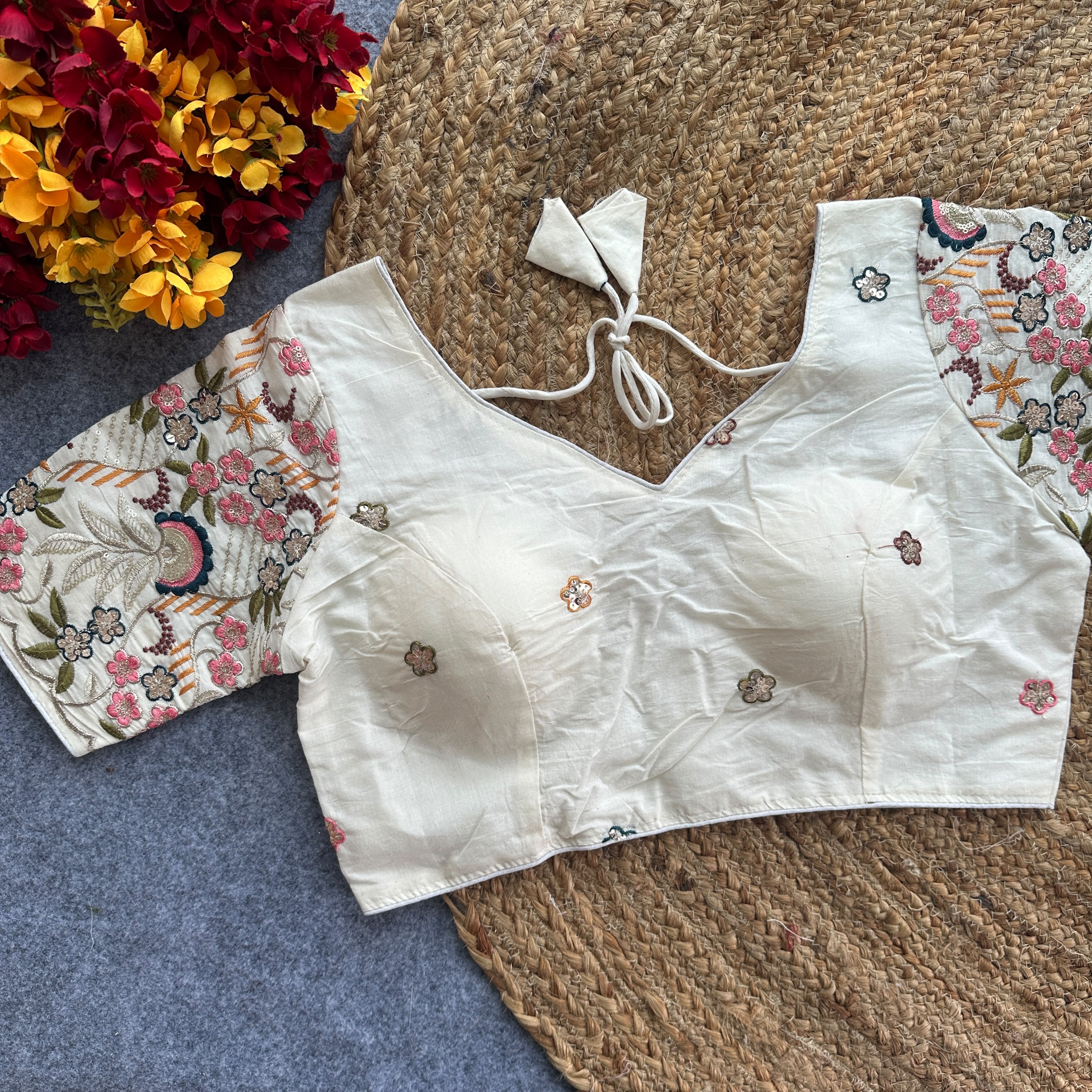 Pure Khadi Cotton Embroidered Partywear Blouse – Heavy Padded | Back Open | 38–42