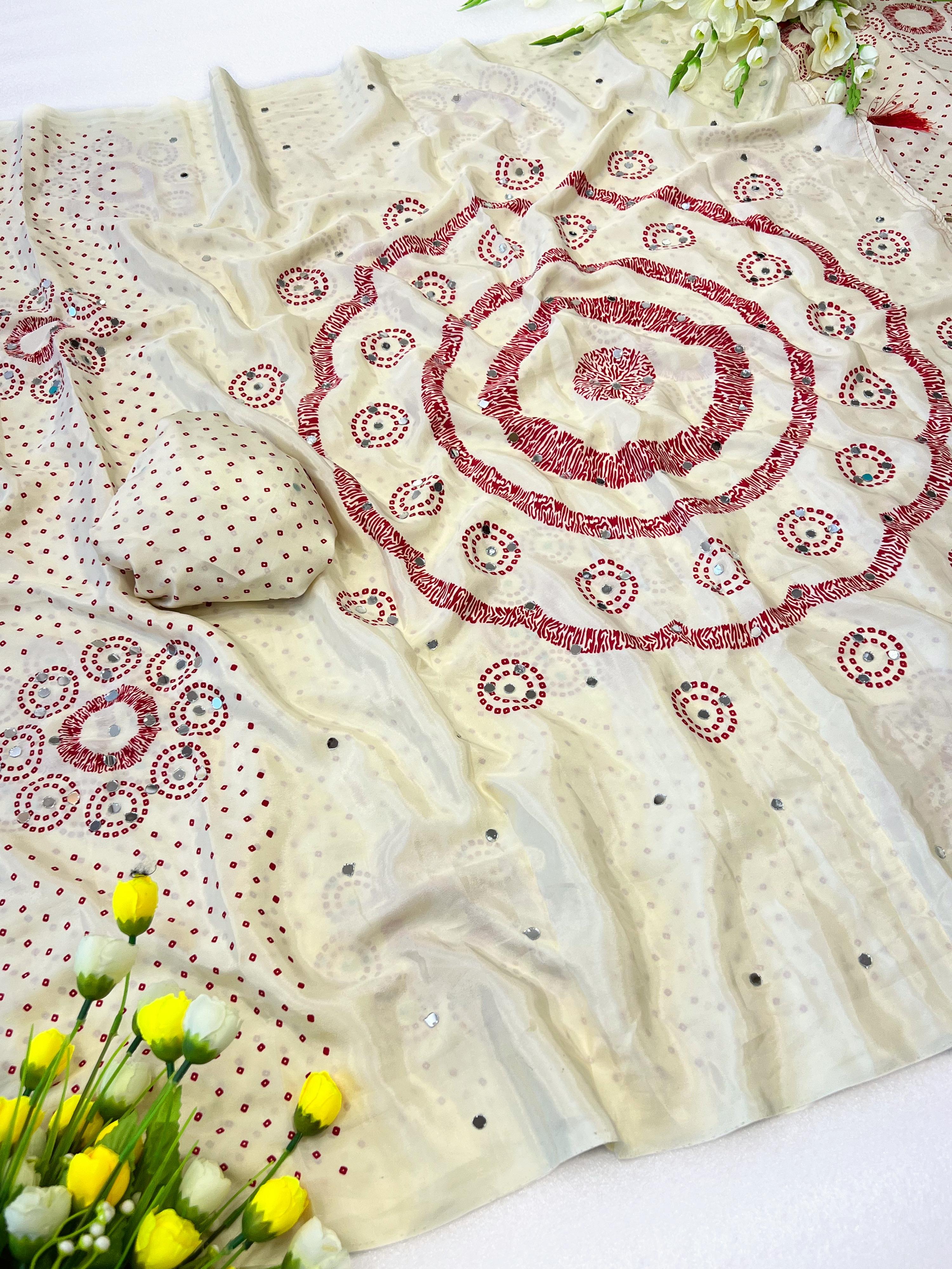 Premium Moss Satin Ajrakh Saree with 2,500 Mirror Work & Matching Blouse
