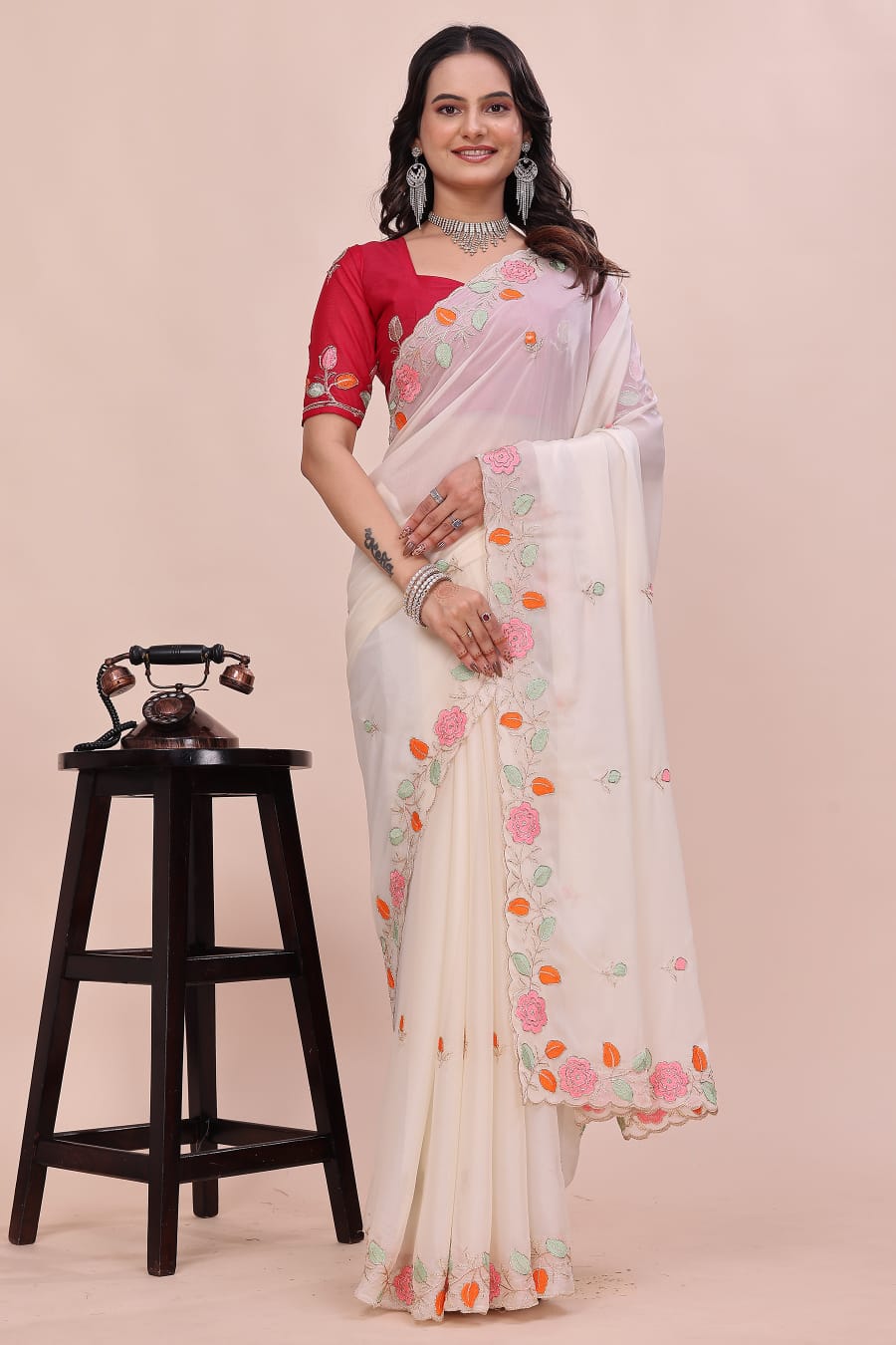Rose Petal Embroidered Star Georgette Saree with Beads Work Border