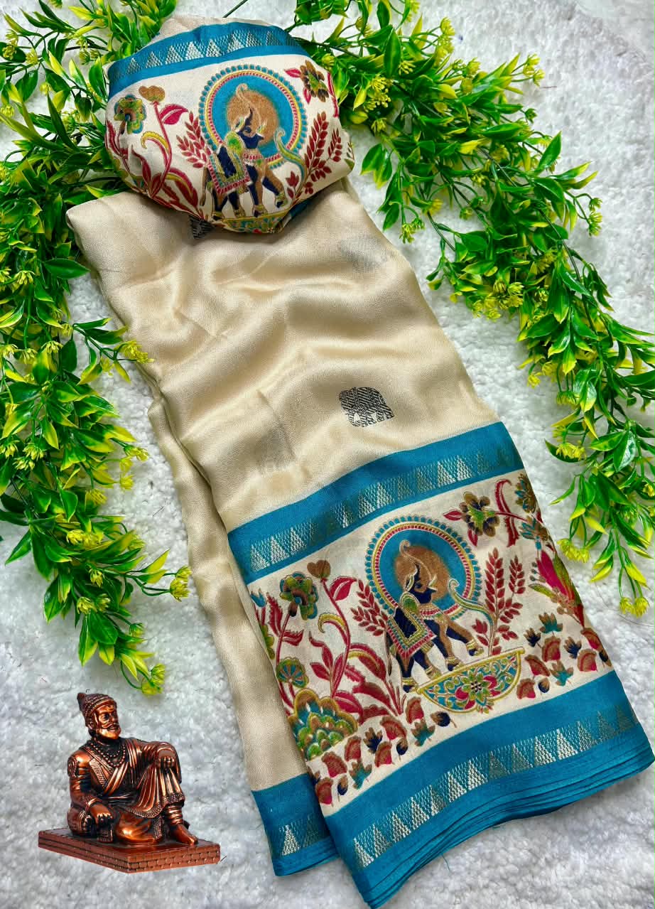 Premium Marsh Mellow Saree with Gajraj Print & Double Temple Pattu Border