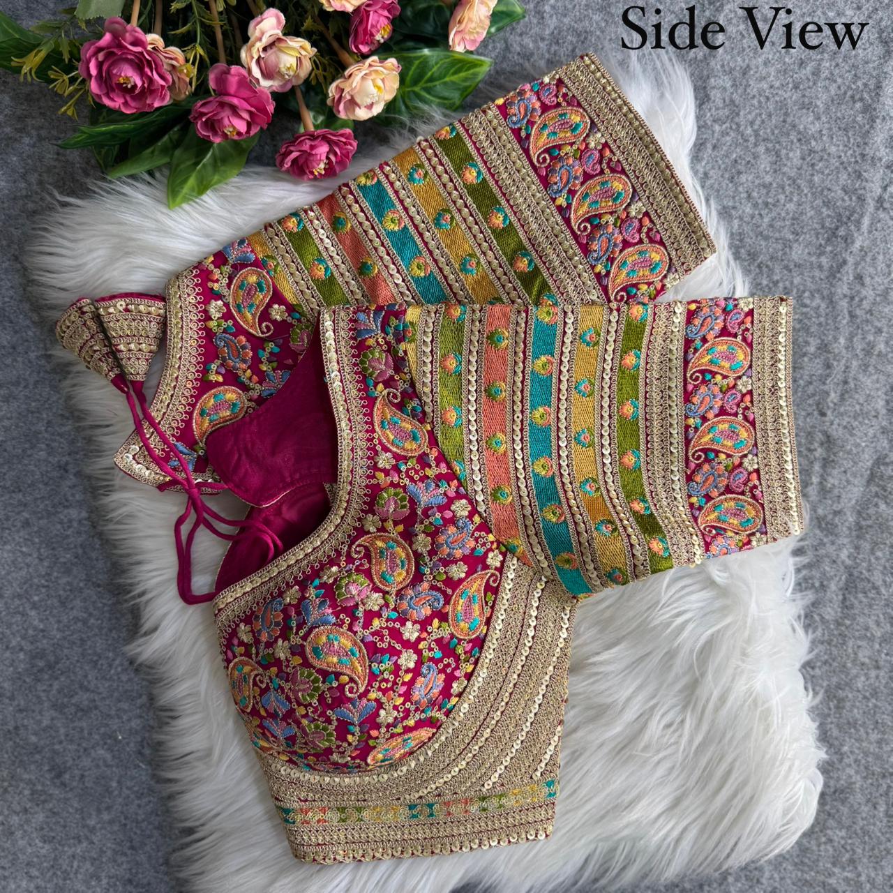 Premium Kashmiri-Inspired Antique Thread Work Blouse – Fox Georgette | Heavy Padded | 38–40