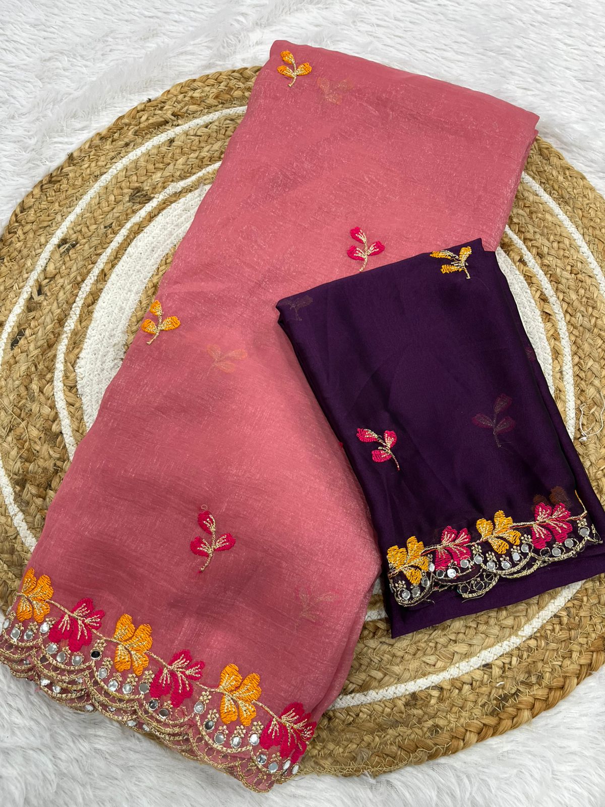 Premium Crunchy Chiffon Embroidered Mirror Work Party Wear Saree