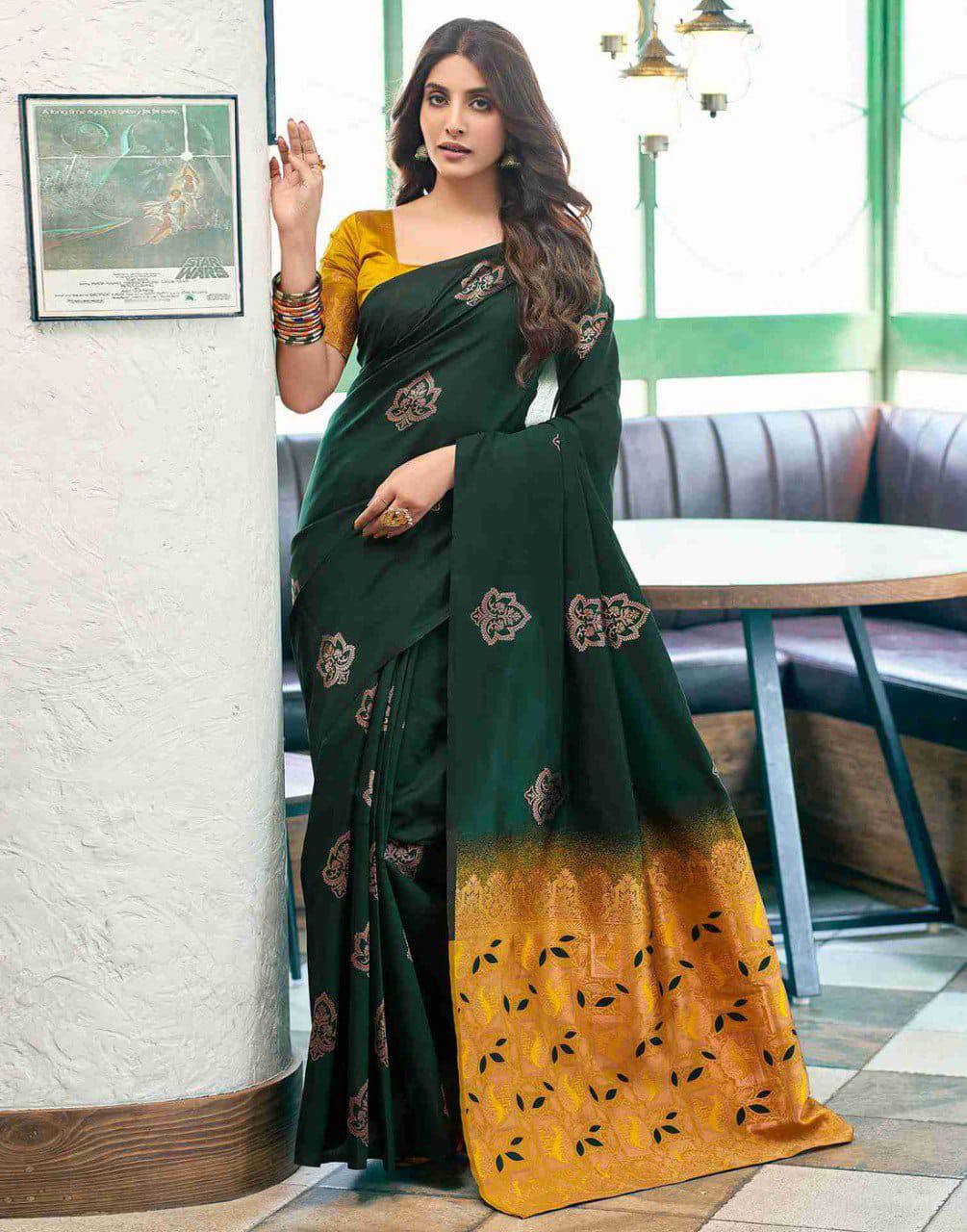 Dark Green Embroidered Silk Saree with Mustard Brocade Border and Embellished Blouse