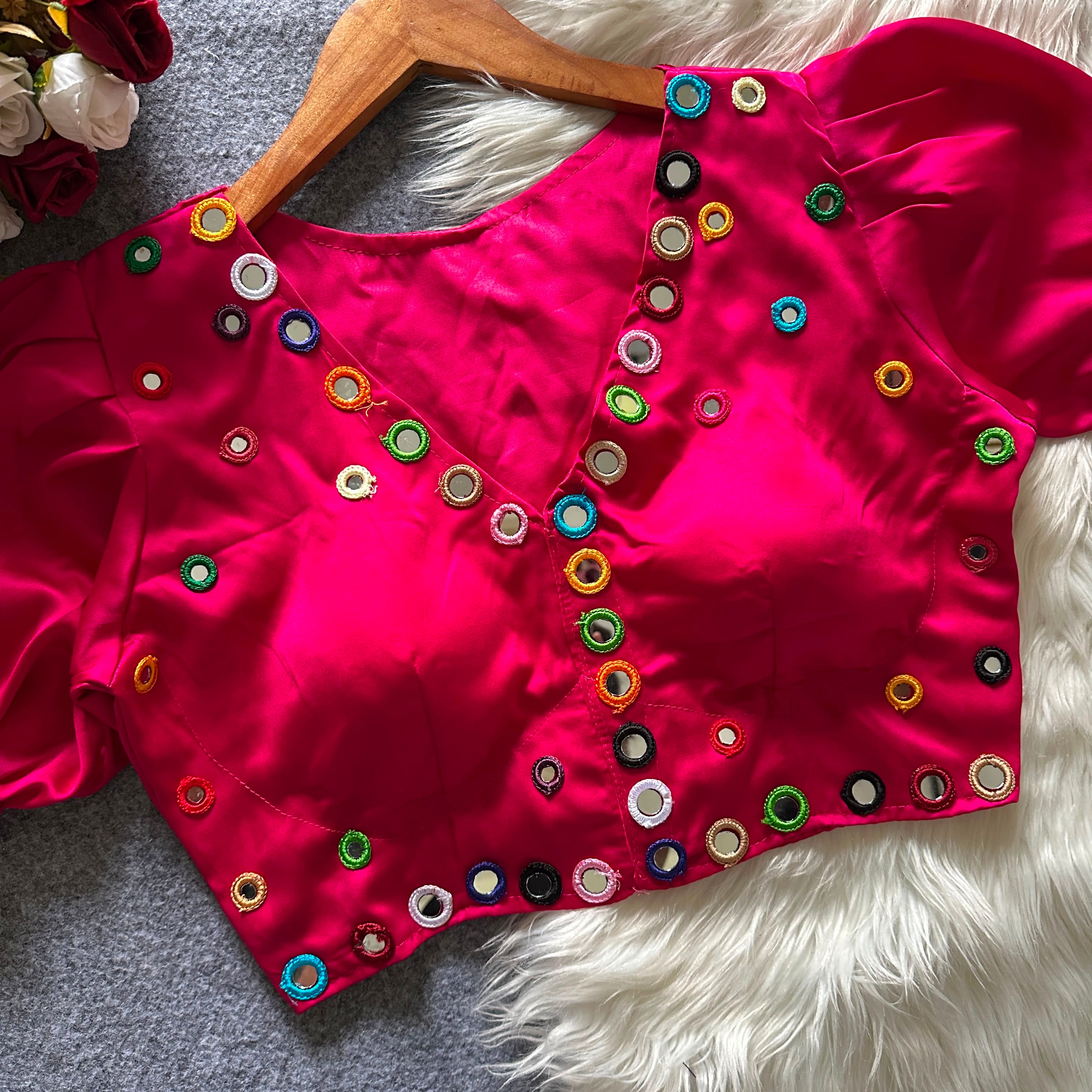 Navratri Satin Silk Multicolour Mirror Work Designer Blouse – Free Size 38–42