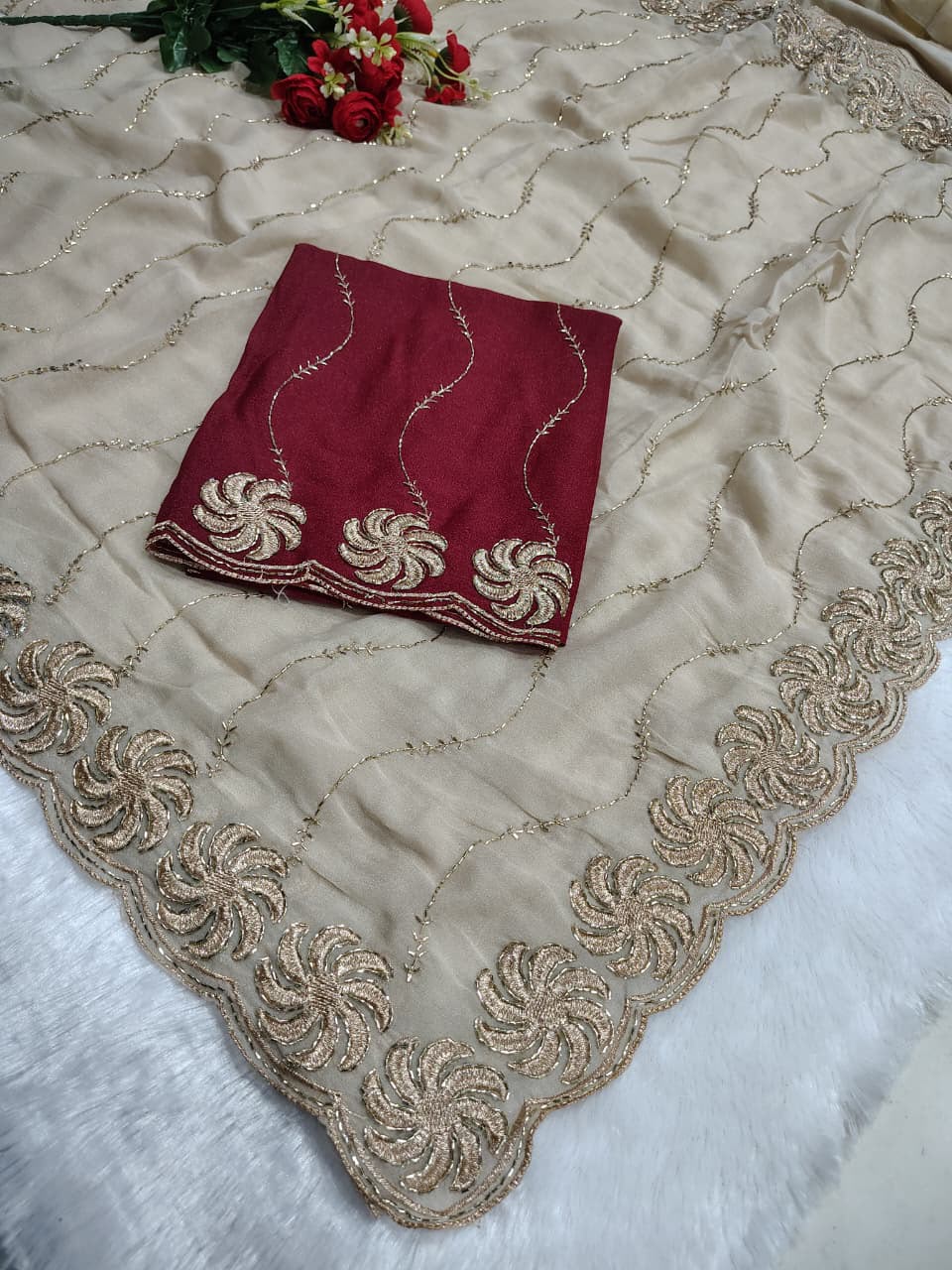 Ring Star Georgette Saree with Sequence Bits Work & Contrast Running Blouse
