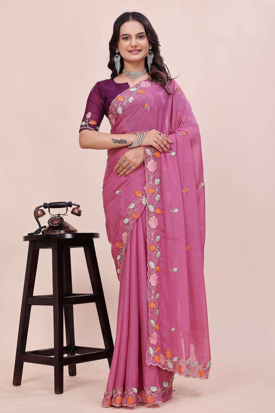 Rose Petal Embroidered Star Georgette Saree with Beads Work Border