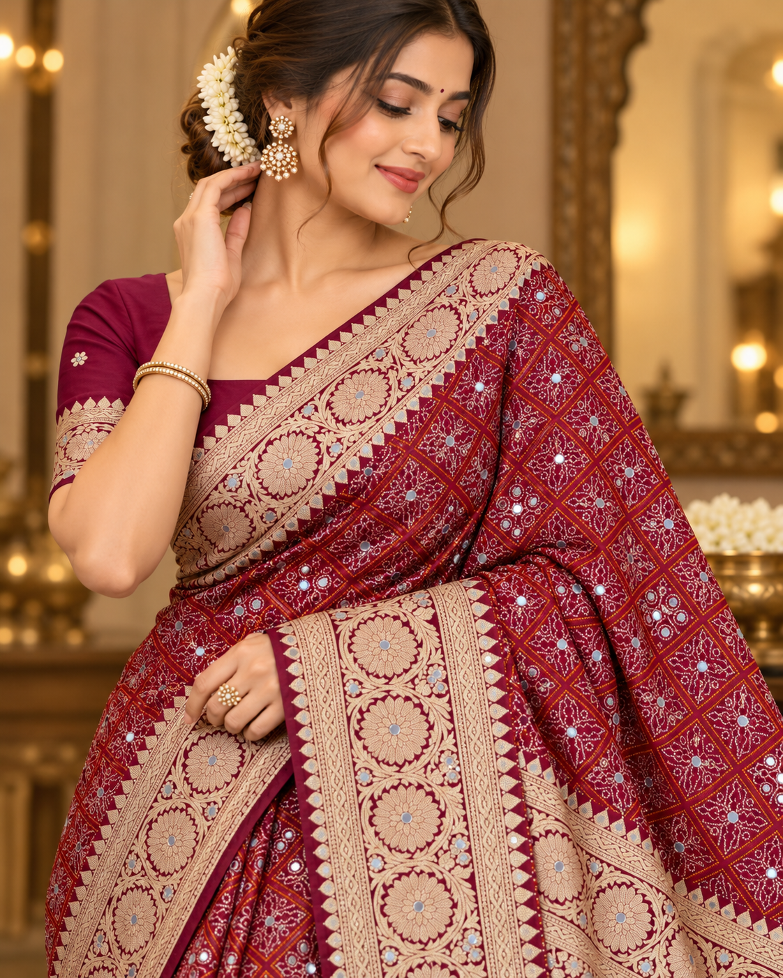 Karva Chauth Special Heavy Pure Silk Saree with Mirror Work & Designer Zari Border