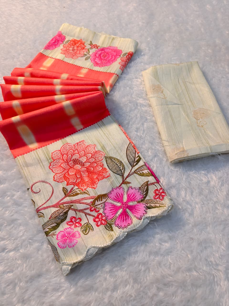 Heavy Handloom Tussar Silk Saree with Floral Digital Print & Arco Cutwork Border