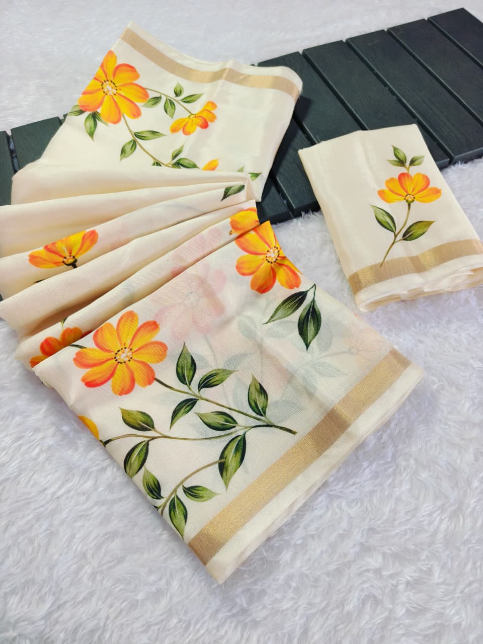 Sun Flower Masakali Blooming Saree with Floral Print & Gola Zari Border