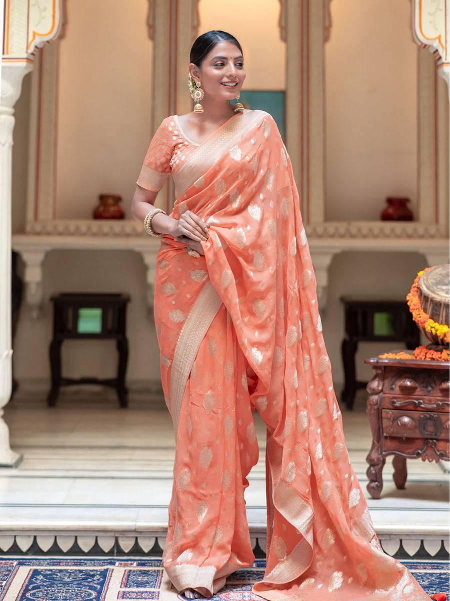 Elegant Peach Banarasi Silk Saree with Golden Motifs