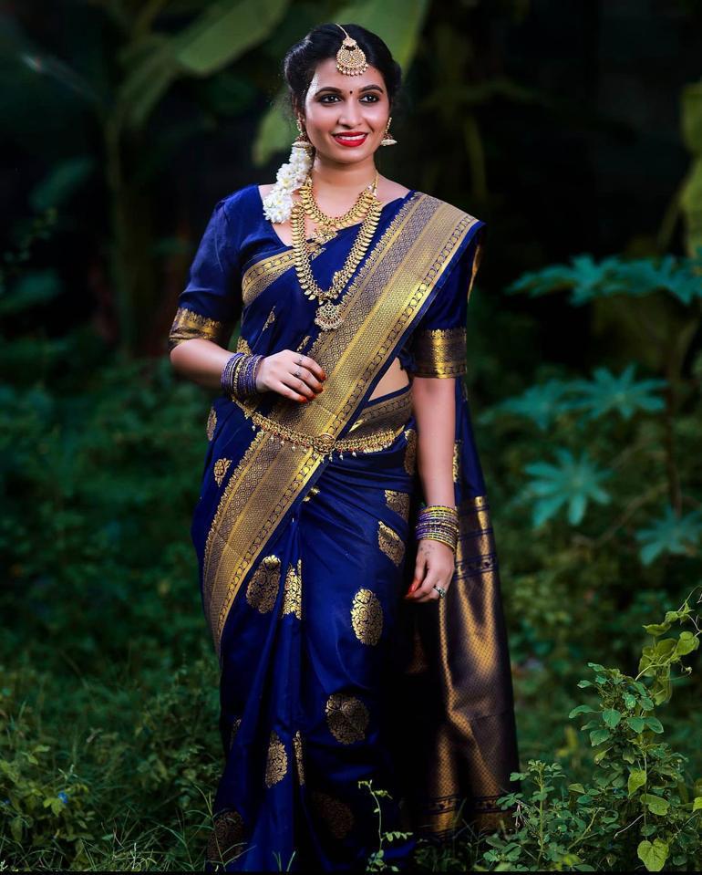 Royal Blue Kanjivaram Silk Saree with Golden Zari Motifs and Border