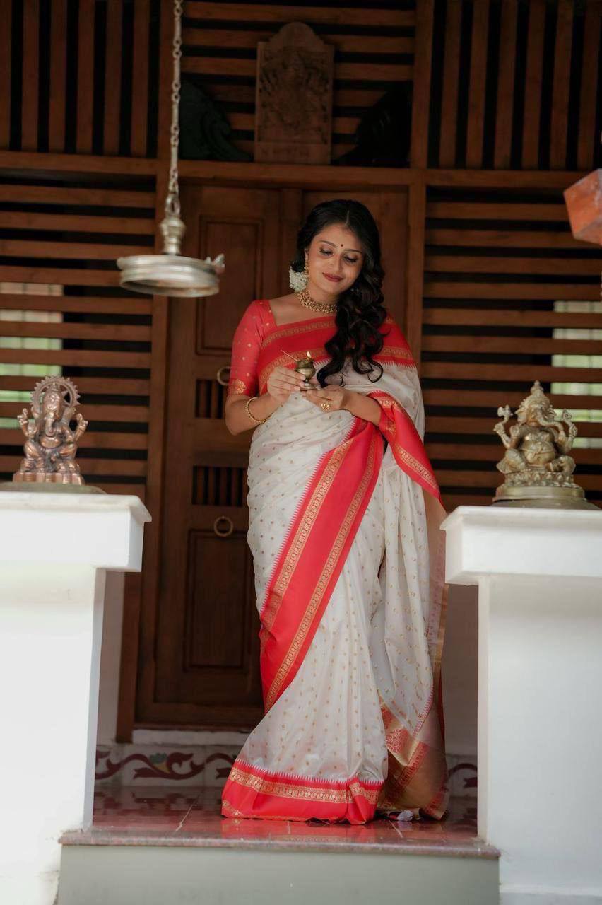 Traditional Kerala Kasavu Saree White with Red and Gold Border