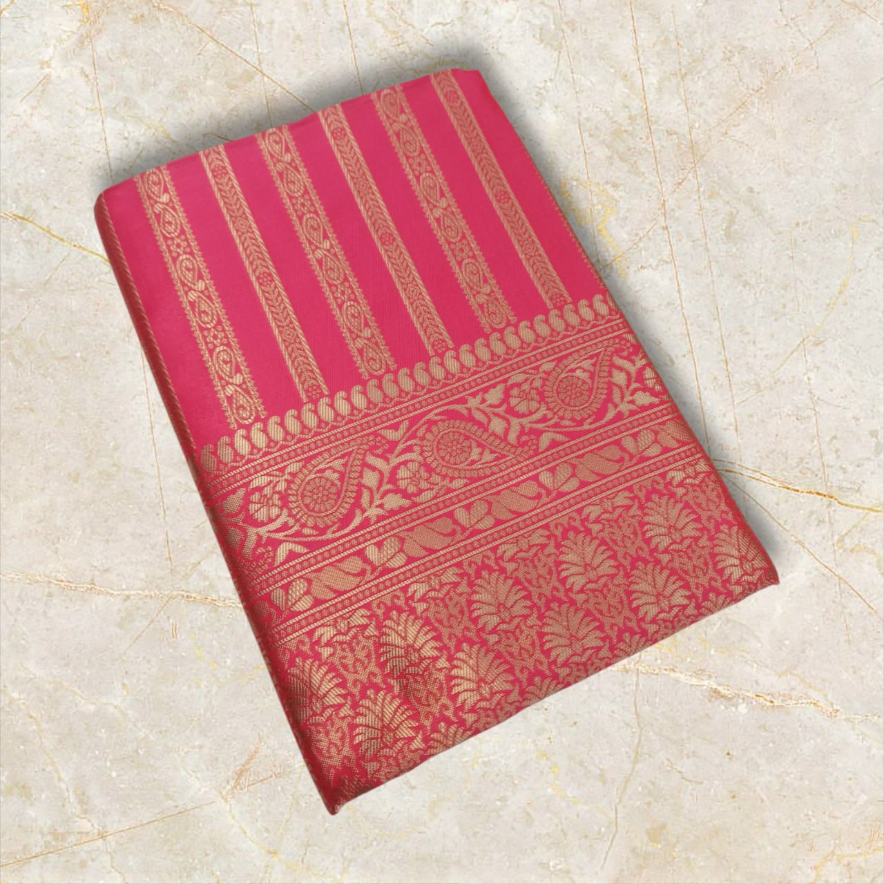 Pink Banarasi Silk Saree with Zari Work and Striped Border