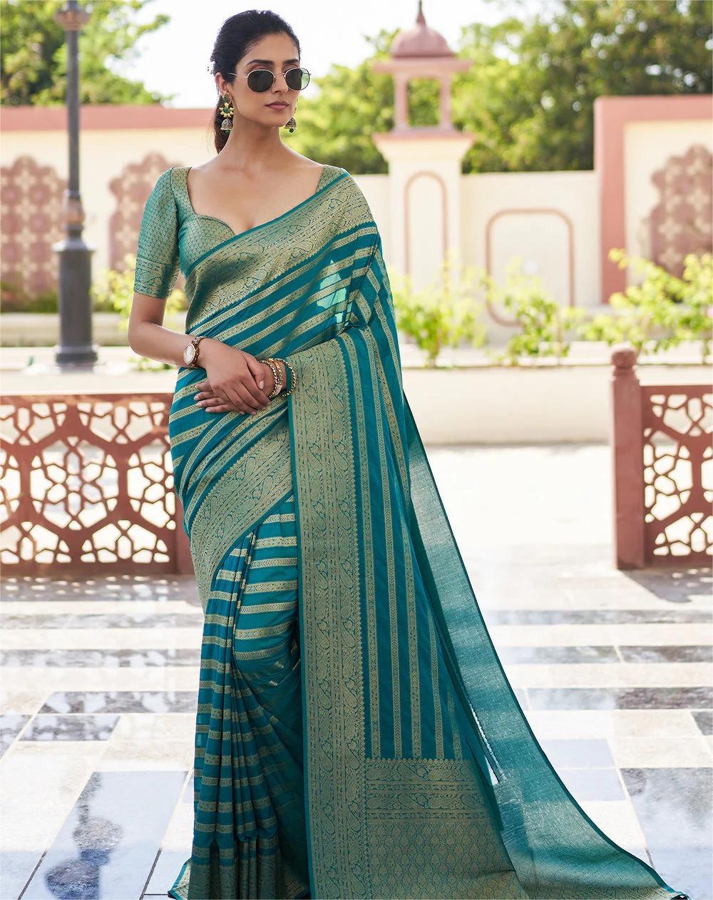 Elegant Sea Green Banarasi Silk Saree with Golden Zari Stripes