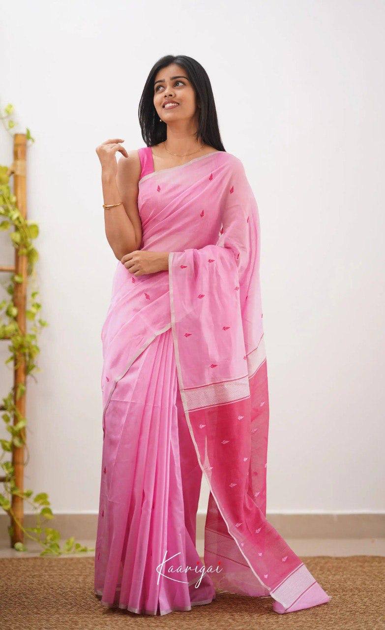 Pink Linen Saree with Embroidered Motifs and Contrast Border