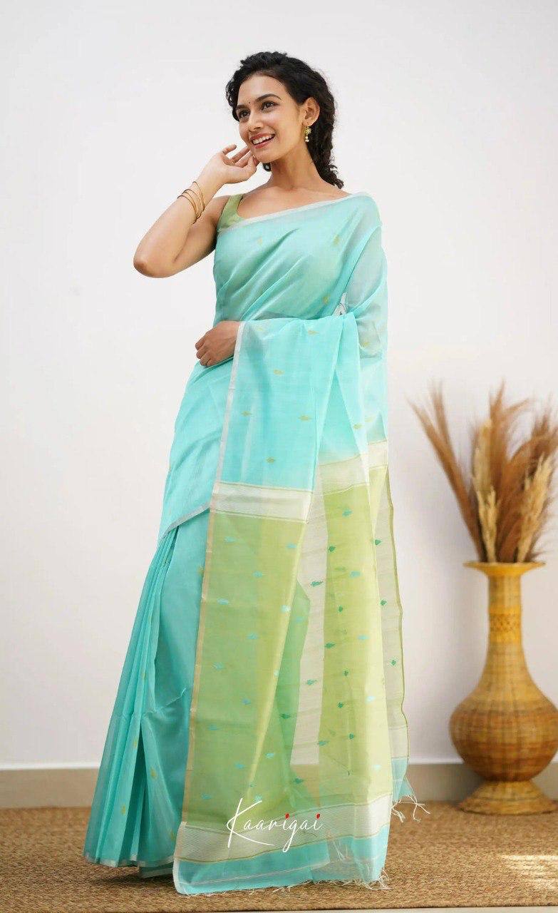 Mint Green Organza Saree with Golden Motifs and Yellow Border