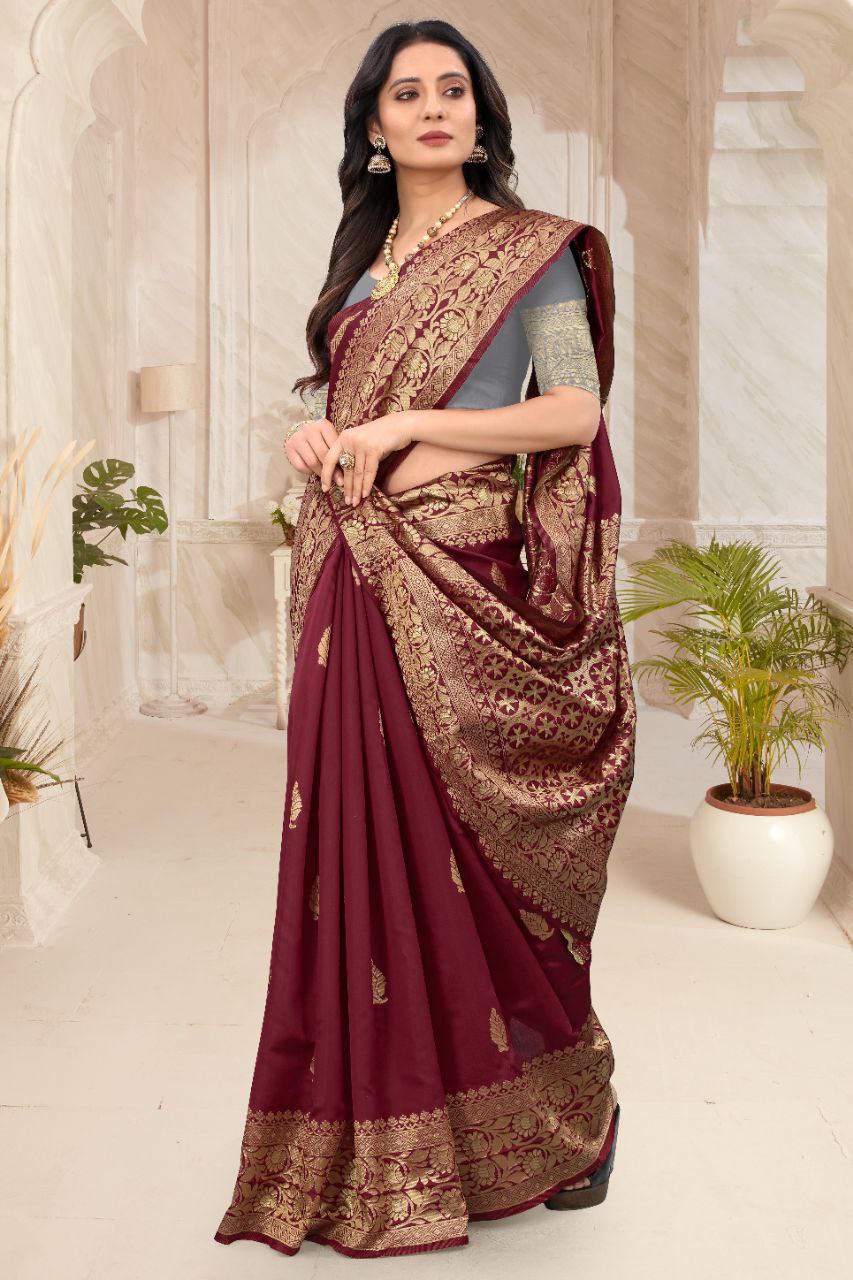 Maroon Banarasi Silk Saree with Gold Zari Border and Blouse
