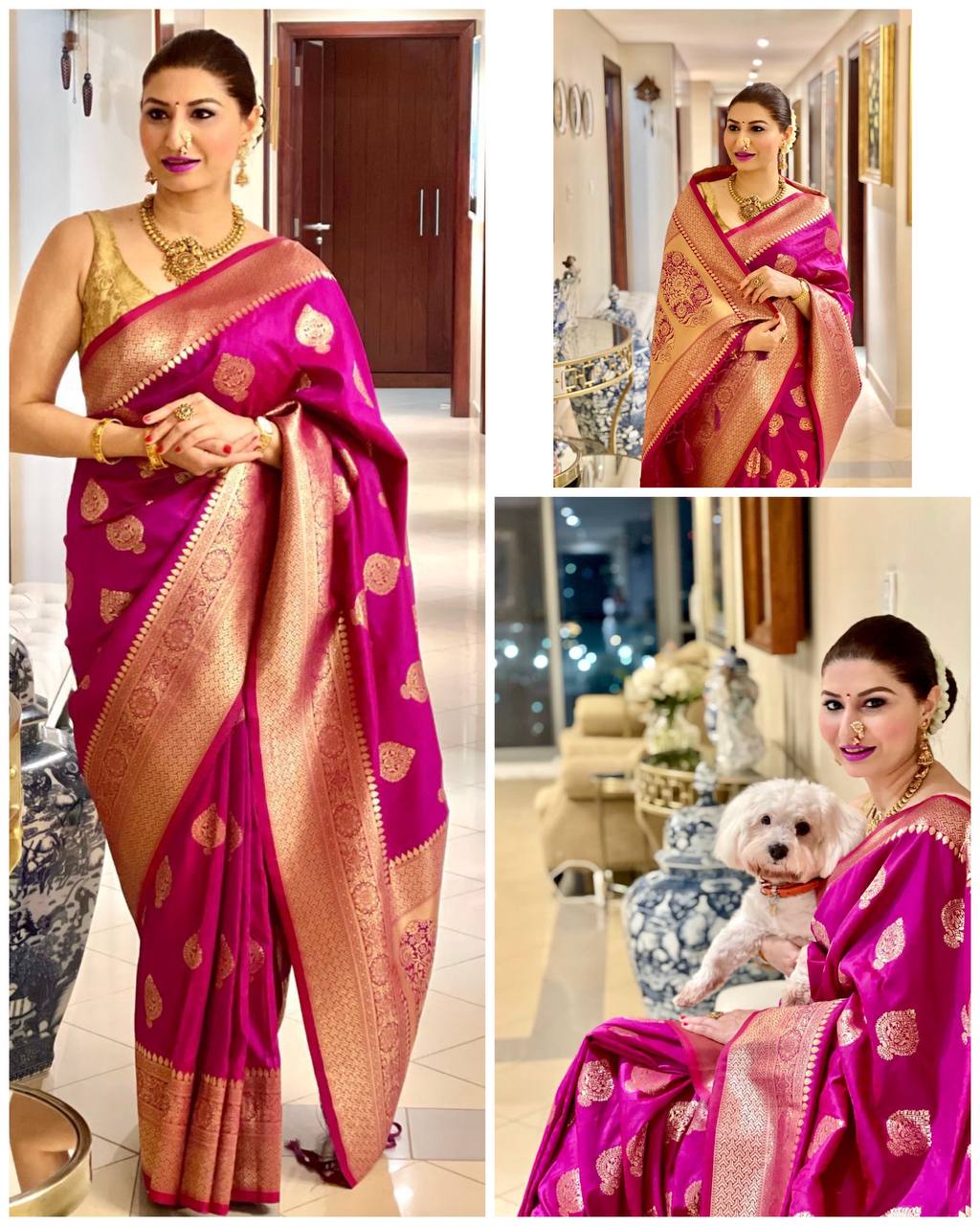 Banarasi Silk Saree with Golden Zari Work Magenta Pink