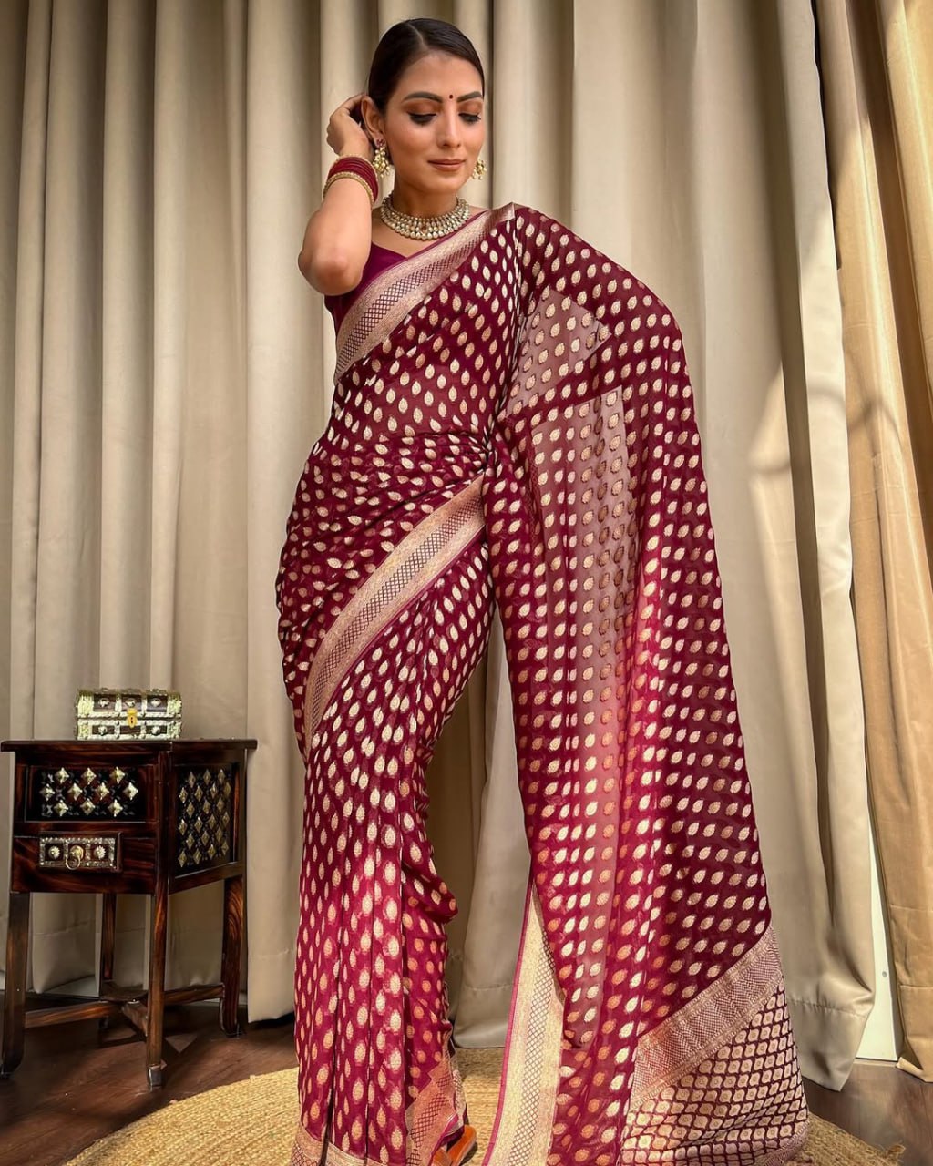 Maroon Banarasi Silk Saree with Golden Zari Weave and Contrast Blouse