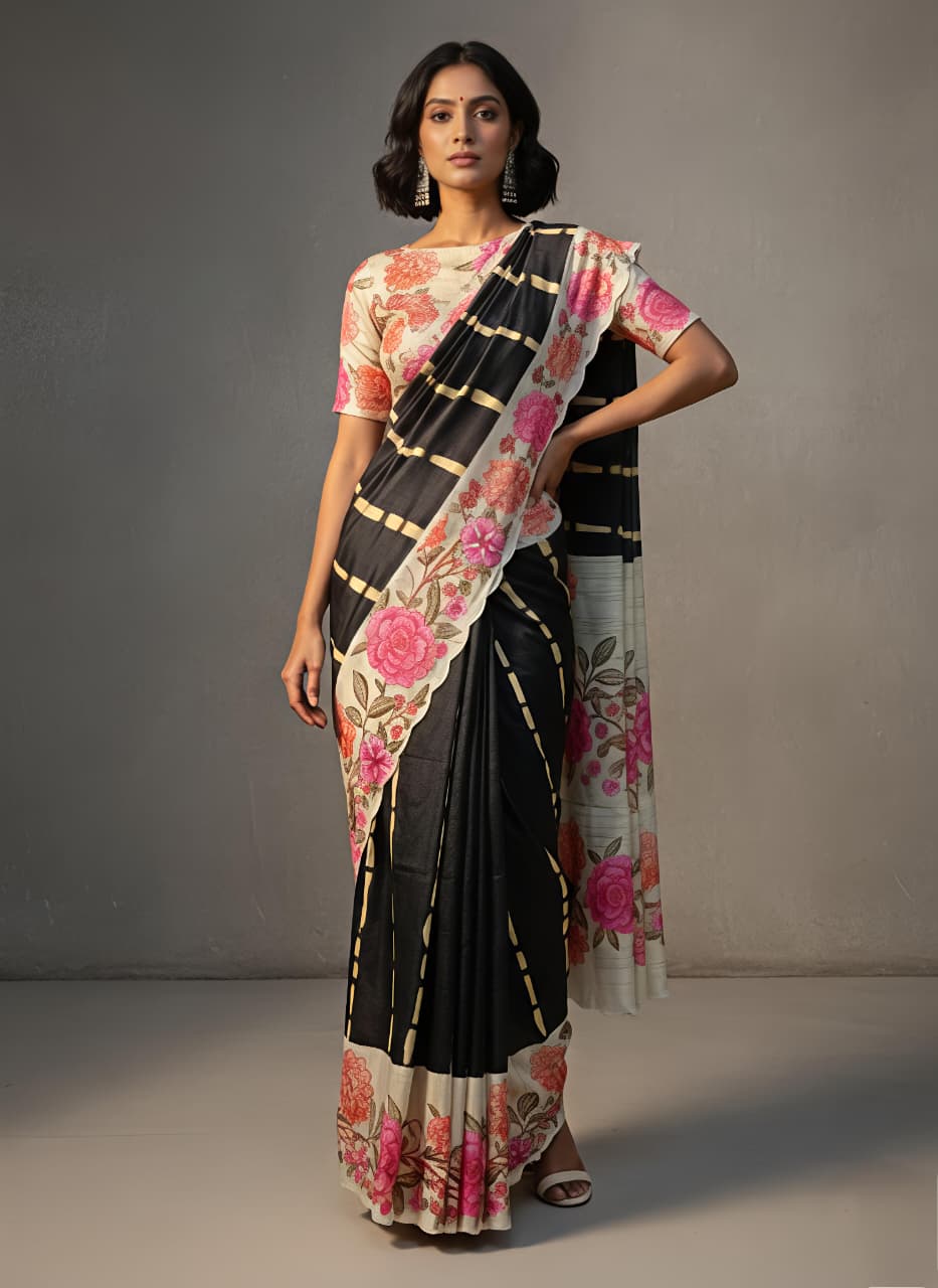 Heavy Handloom Tussar Silk Saree with Floral Digital Print & Arco Cutwork Border