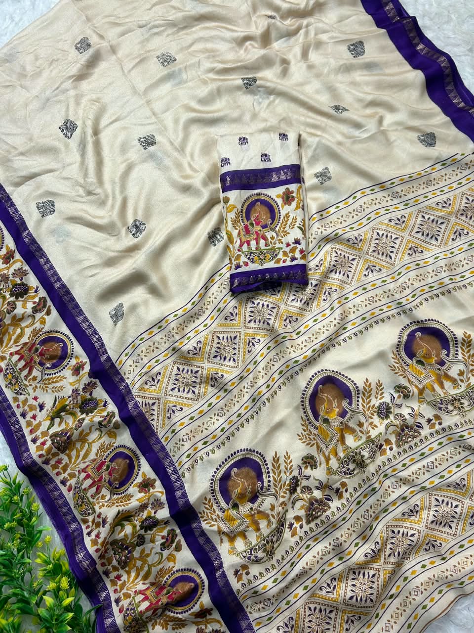 Premium Marsh Mellow Saree with Gajraj Print & Double Temple Pattu Border