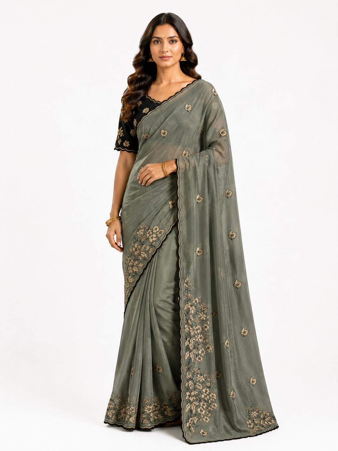 Women's Premium Star Galaxy Embroidered Saree with Designer Black Blouse