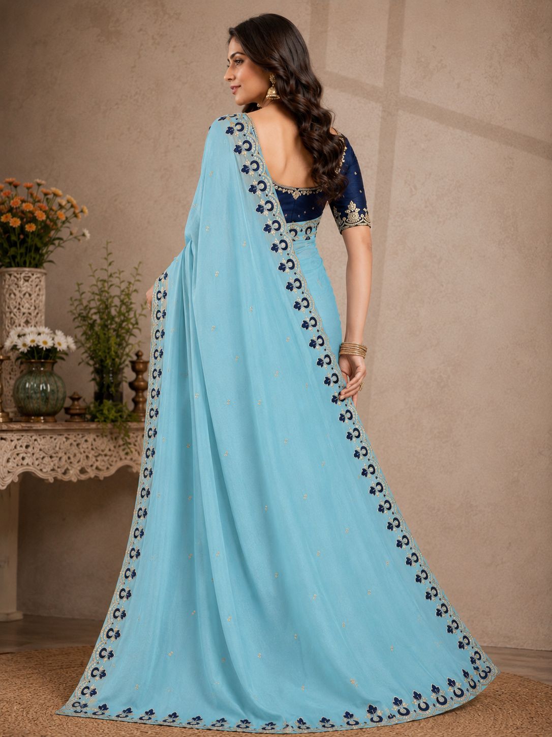 Kalash Premium Star Georgette Embroidered Saree with Designer Border & Running Blouse