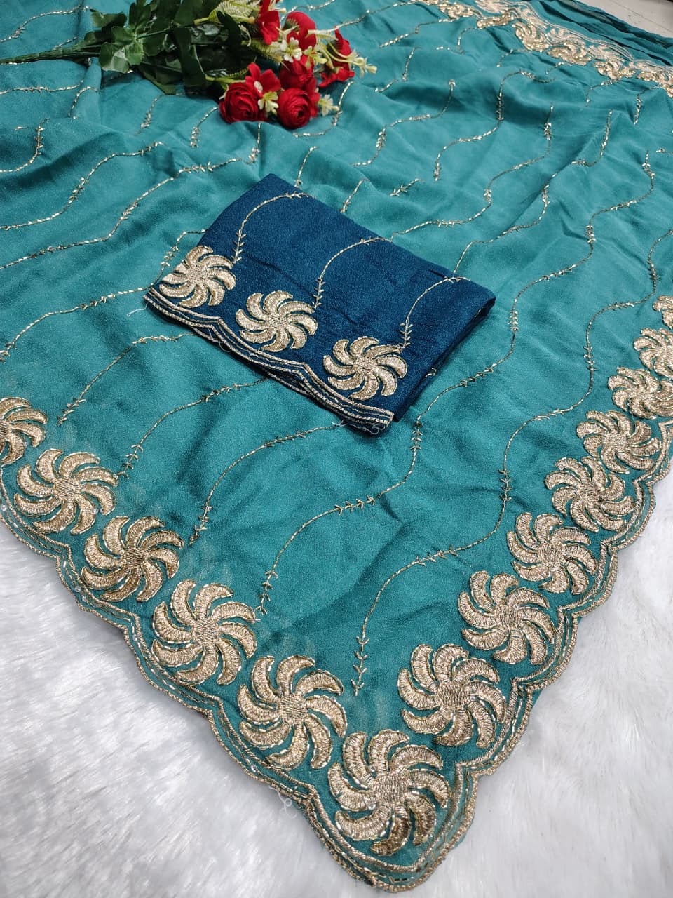 Ring Star Georgette Saree with Sequence Bits Work & Contrast Running Blouse