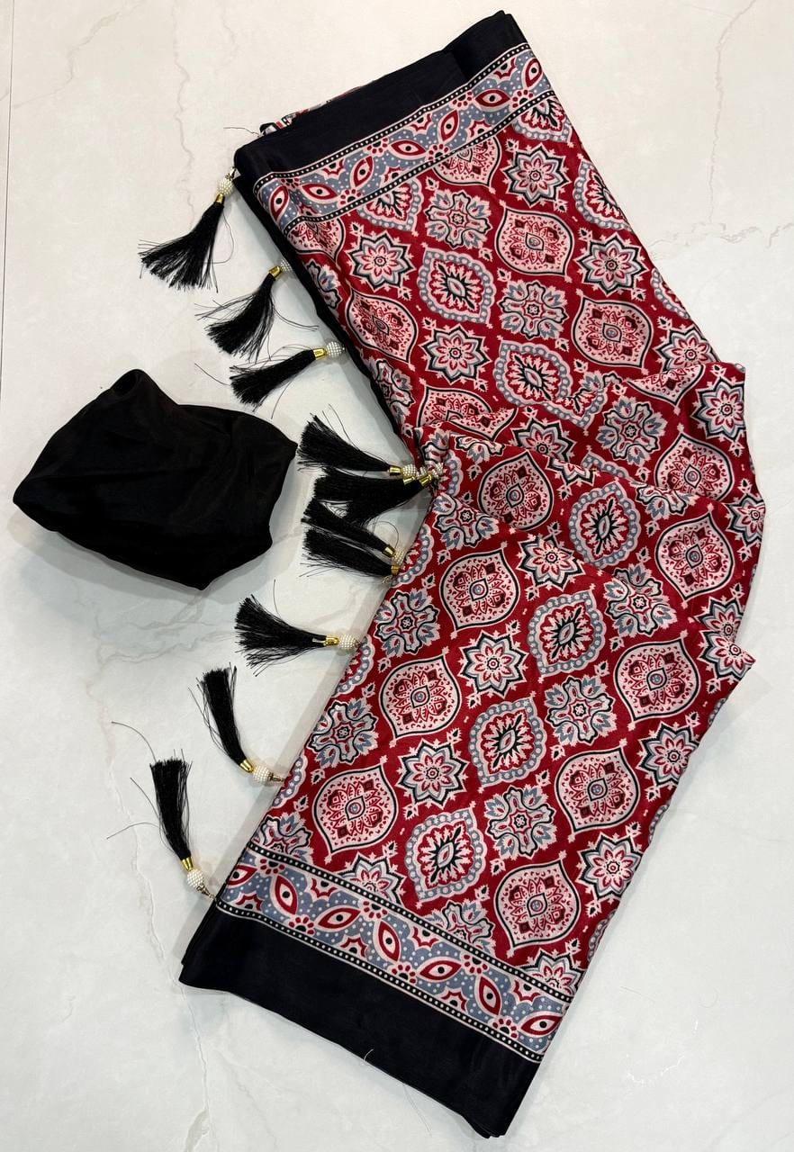 Premium Ajrakh Designer Crepe Silk Saree with Floral Print & Tassel Border