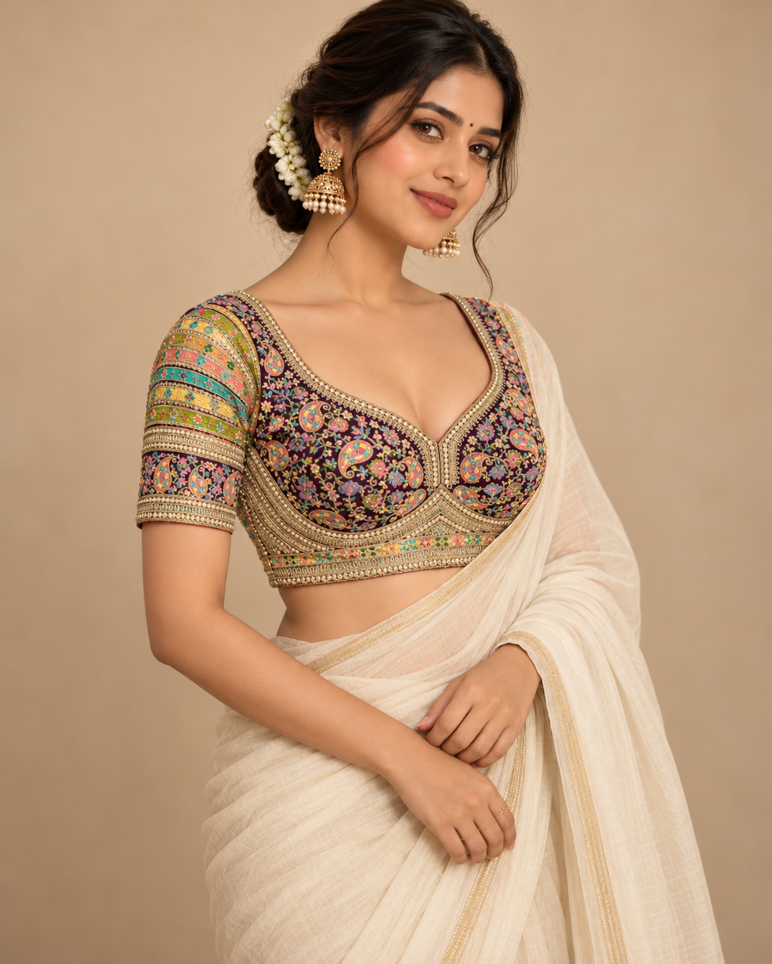 Premium Kashmiri-Inspired Antique Thread Work Blouse – Fox Georgette | Heavy Padded | 38–40