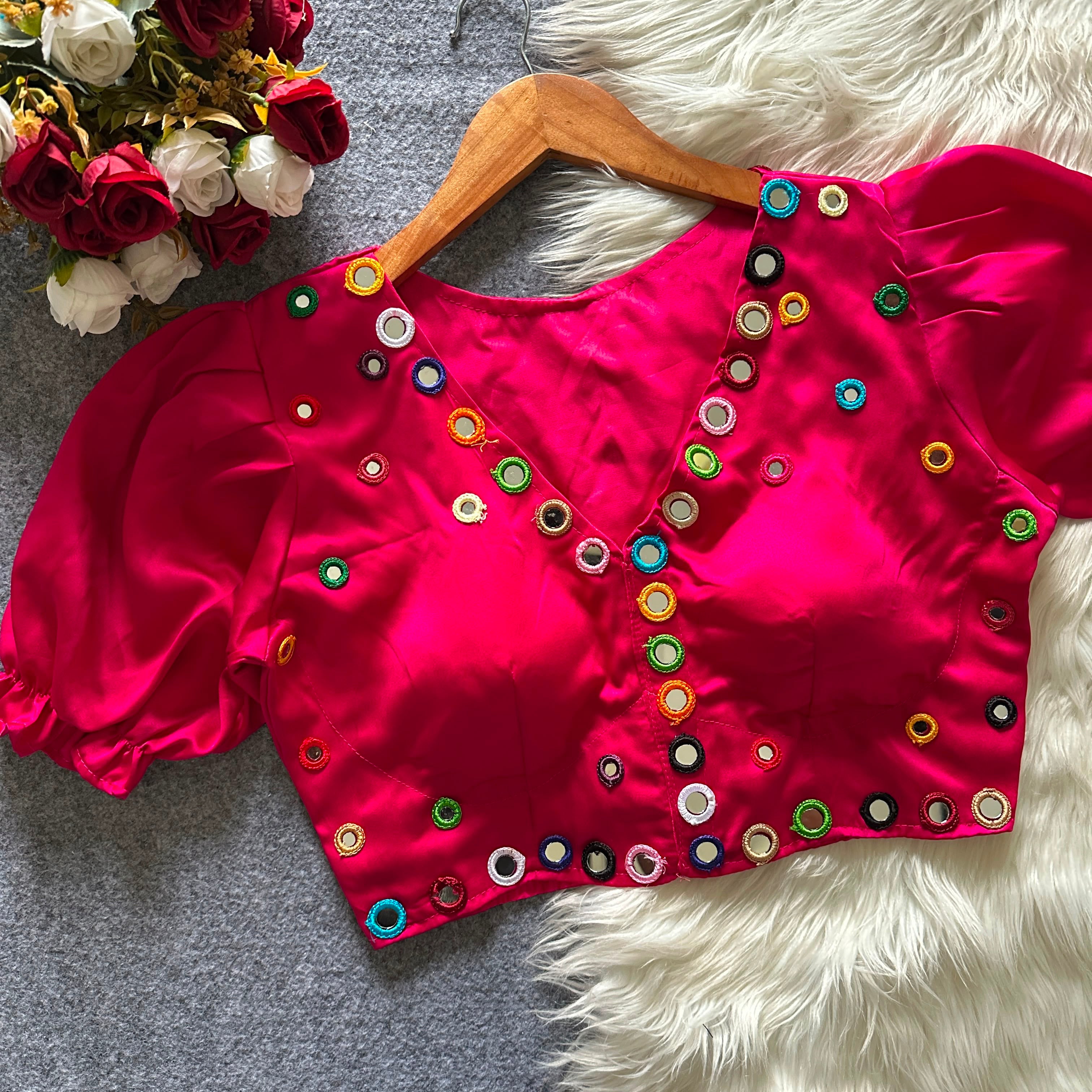 Navratri Satin Silk Multicolour Mirror Work Designer Blouse – Free Size 38–42