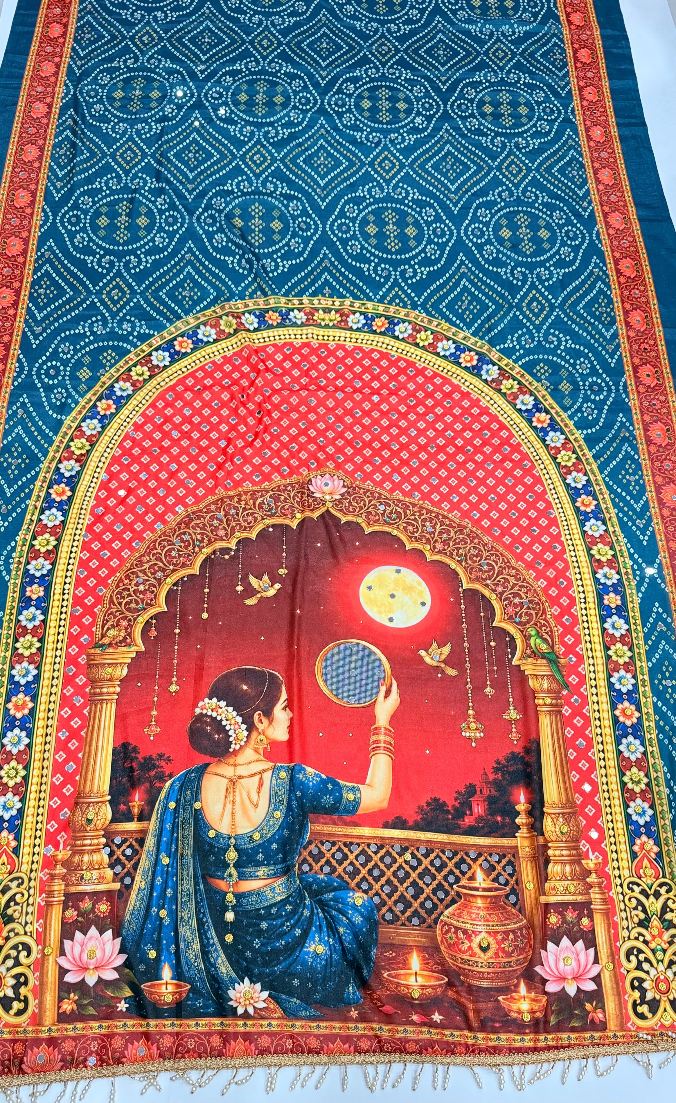 Karva Chauth Special Heavy Shimmer Silk Saree with 2,000 Mirror Work & Designer Pallu with Matching Blouse