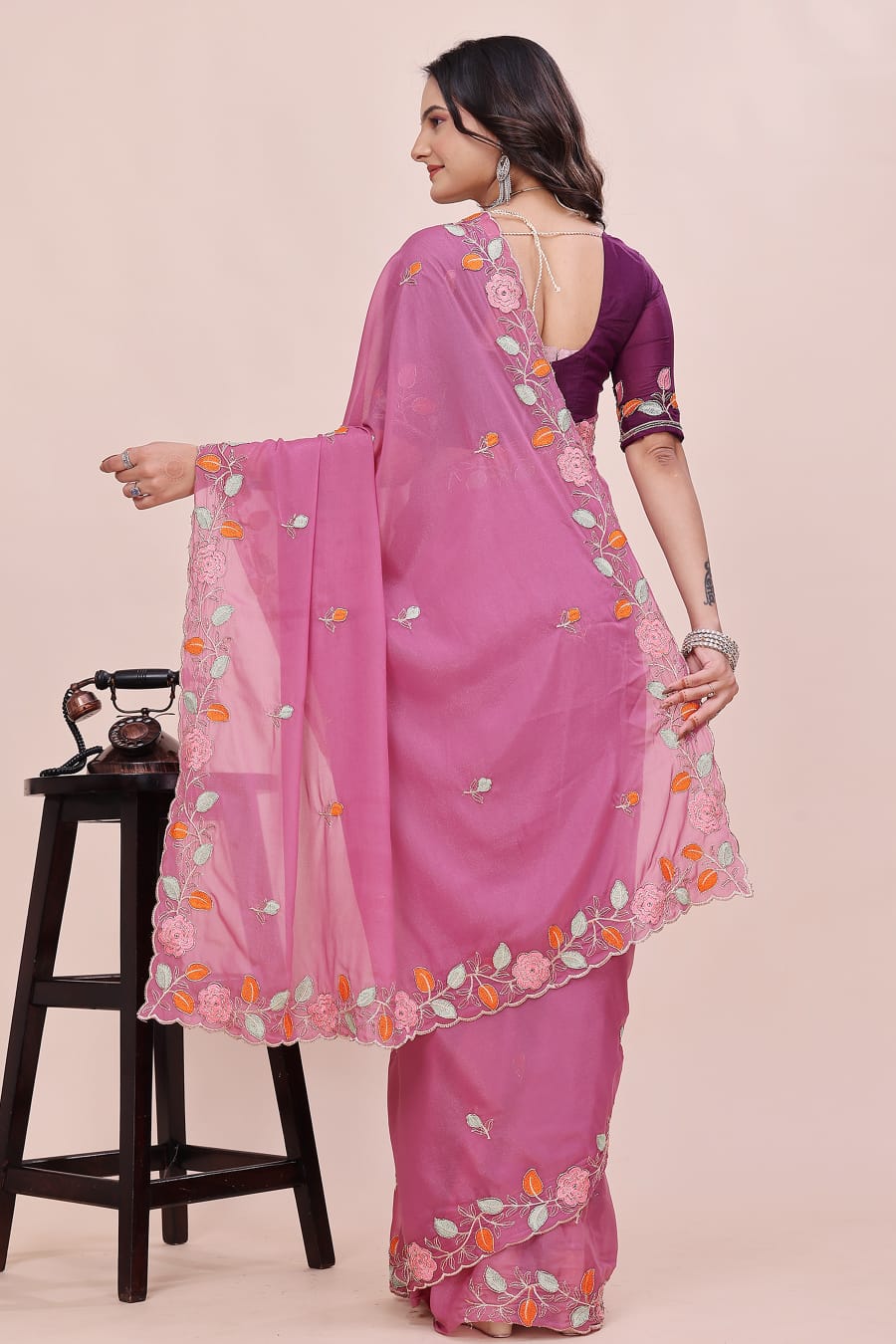 Rose Petal Embroidered Star Georgette Saree with Beads Work Border