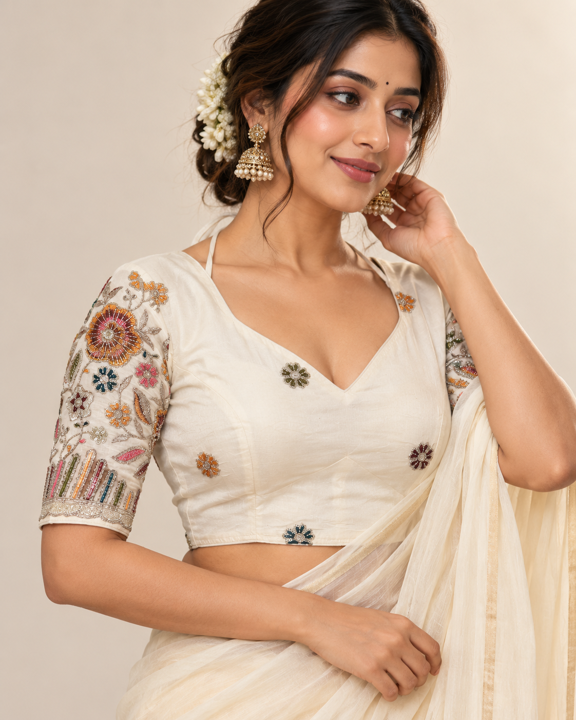 Pure Khadi Cotton Embroidered Partywear Blouse – Heavy Padded | Back Open | 38–42
