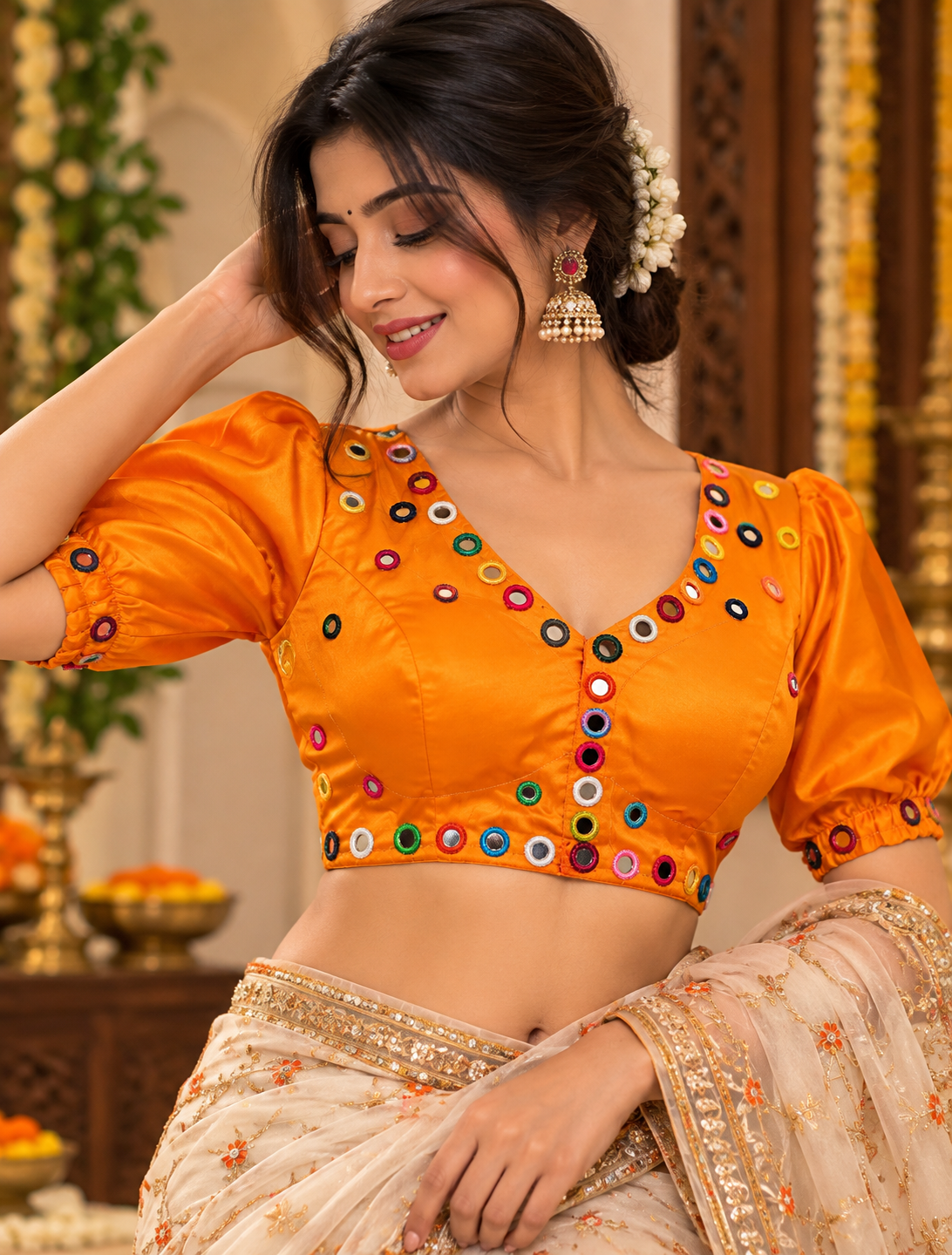 Navratri Satin Silk Multicolour Mirror Work Designer Blouse – Free Size 38–42