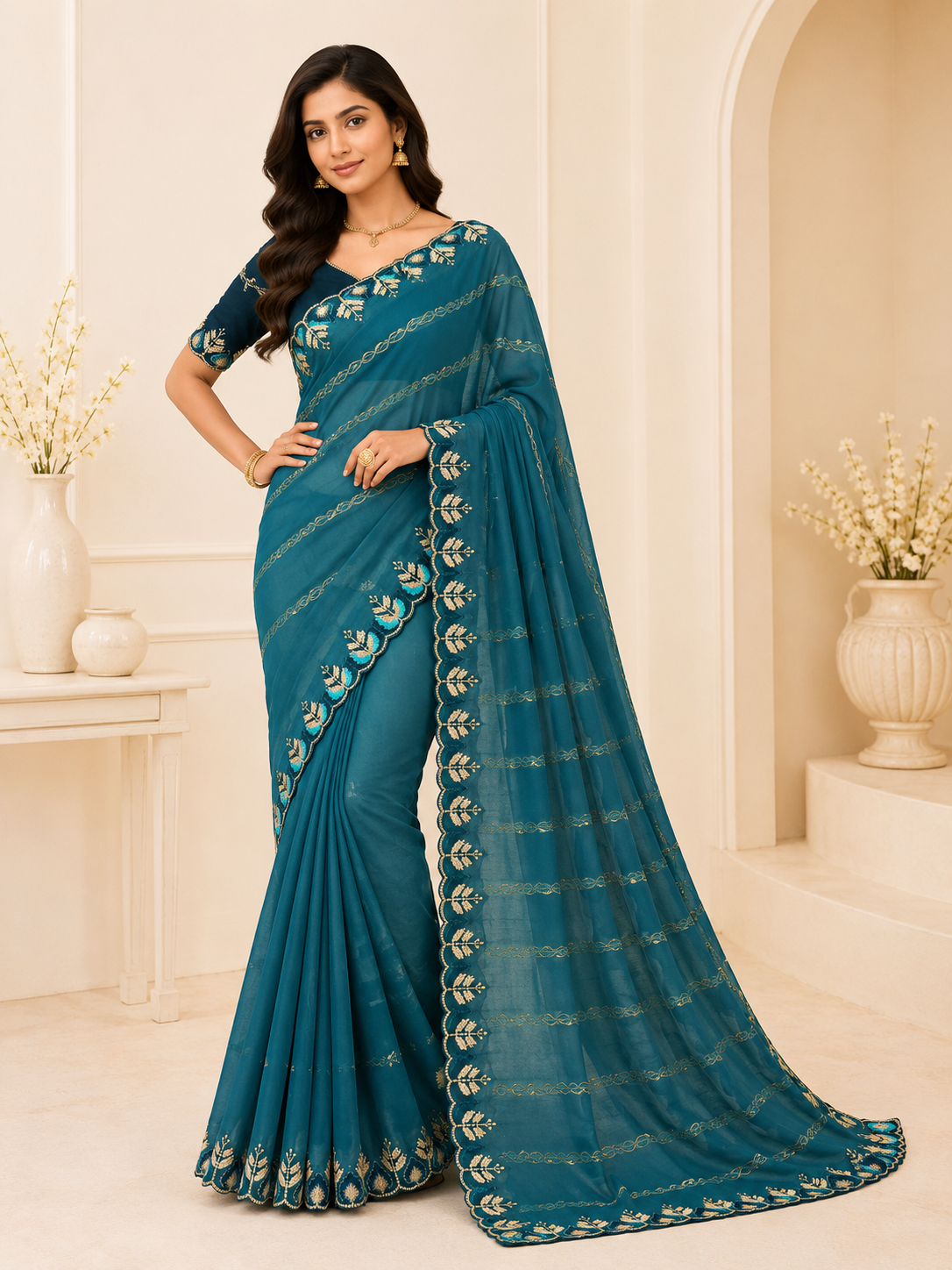 Jhanvi Collection – Premium Star Georgette Saree with Embroidered Border & Contrast Blouse