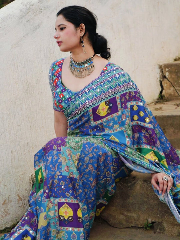 Chamkila Blue Premium Crepe Silk Saree with Rajgharana Culture Digital Print & Mirror Work | Designer Party Wear Saree