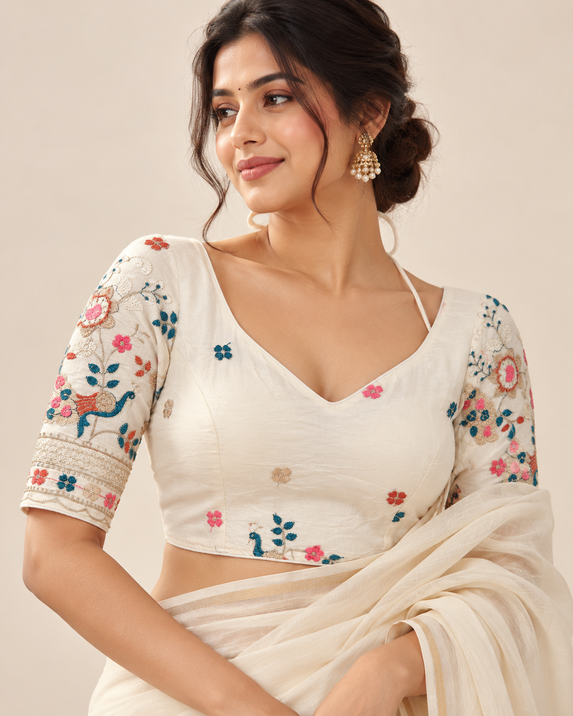 Pure Khadi Cotton Embroidered Partywear Blouse – Heavy Padded | Back Open | 38–42