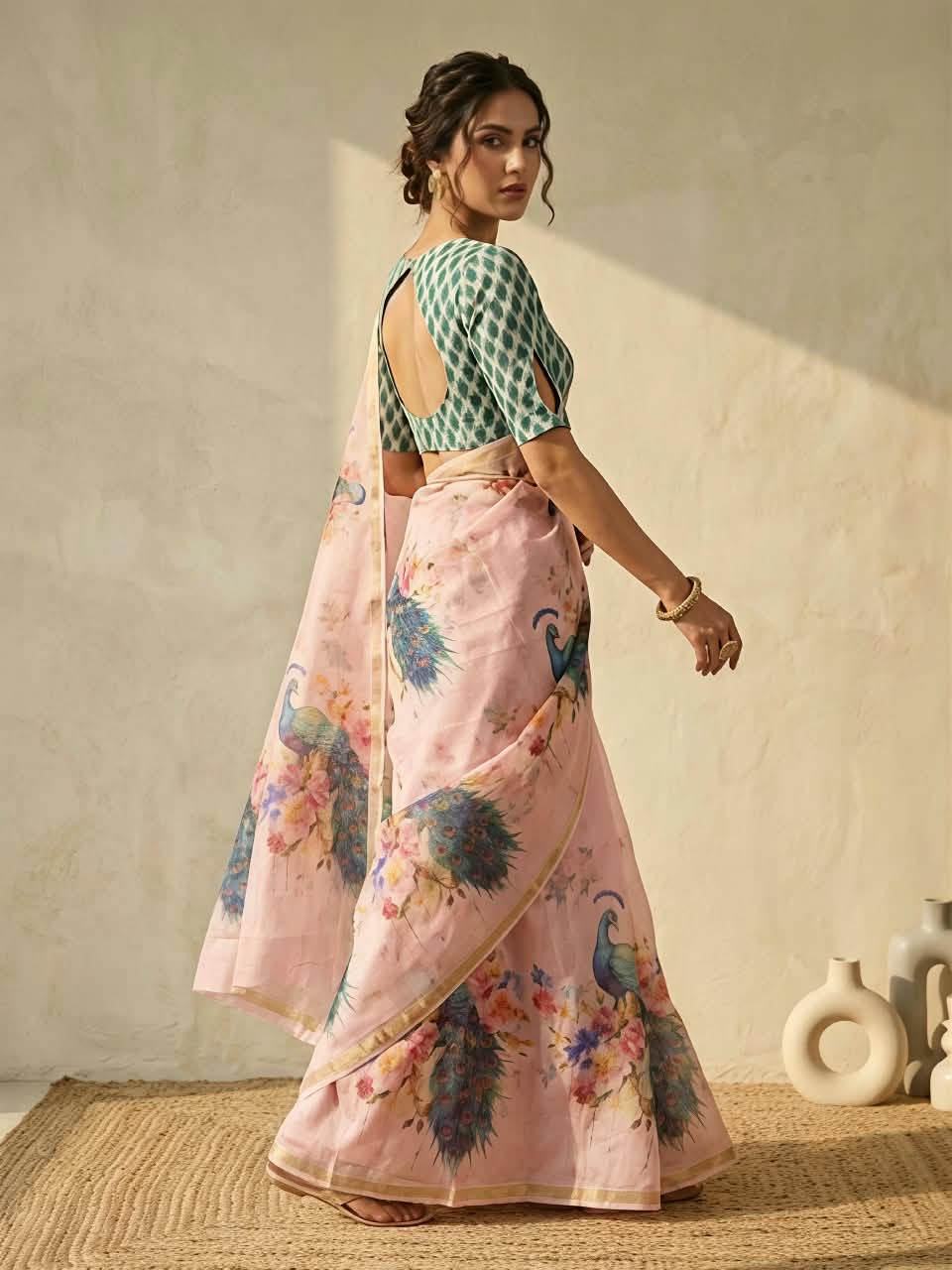 Premium Slub Cotton Saree with Peacock Digital Print, Golden Zari Border & Matching Blouse Piece