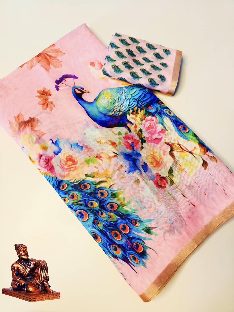 Premium Slub Cotton Saree with Peacock Digital Print, Golden Zari Border & Matching Blouse Piece