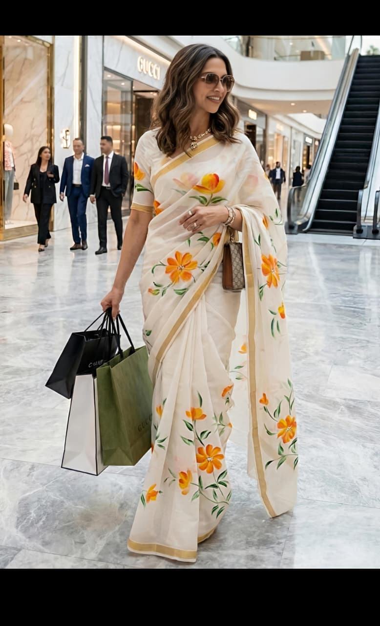 Sun Flower Masakali Blooming Saree with Floral Print & Gola Zari Border