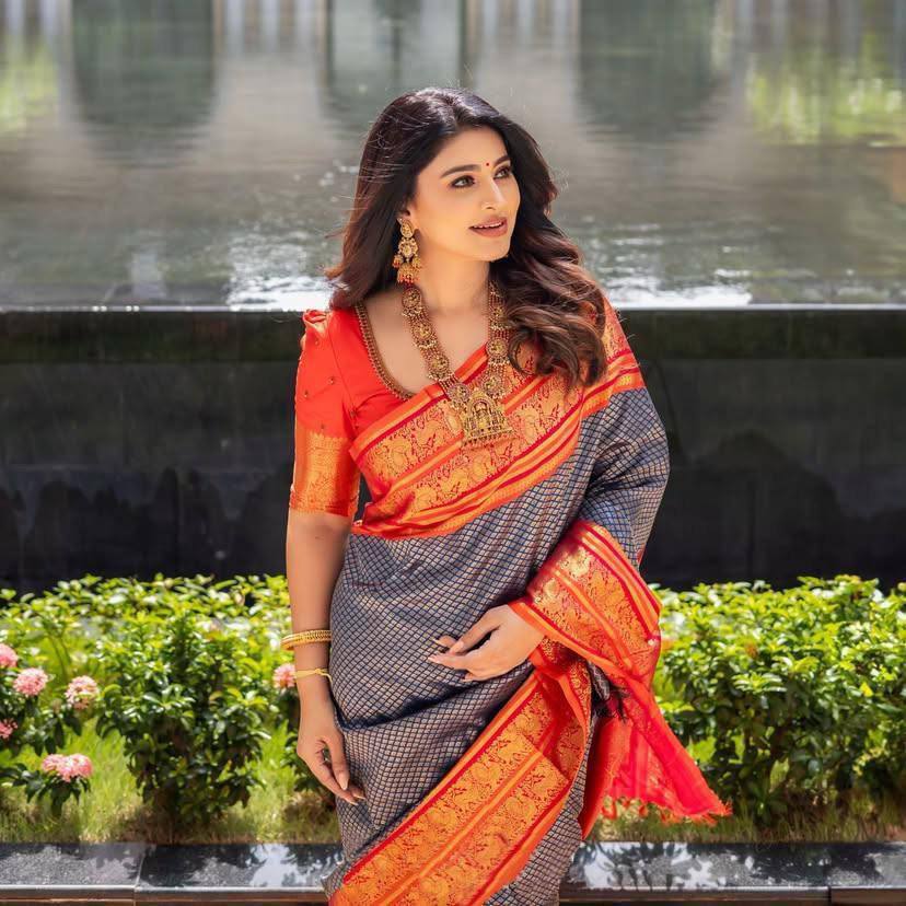 Black Checkered Silk Saree with Red Border and Golden Zari Work