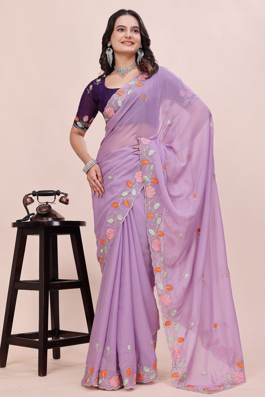 Rose Petal Embroidered Star Georgette Saree with Beads Work Border