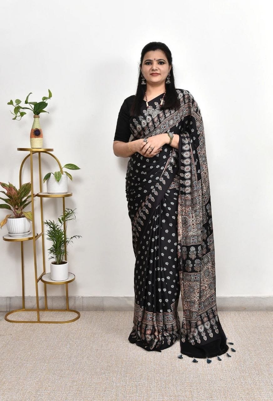 Premium Ajrakh Gajji Crepe Silk Saree with Traditional Ethnic Print & Blouse