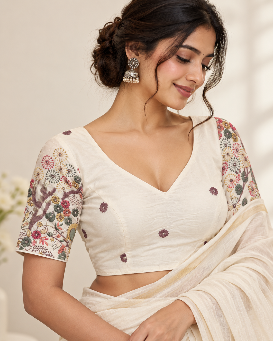 Pure Khadi Cotton Embroidered Partywear Blouse – Heavy Padded | Back Open | 38–42